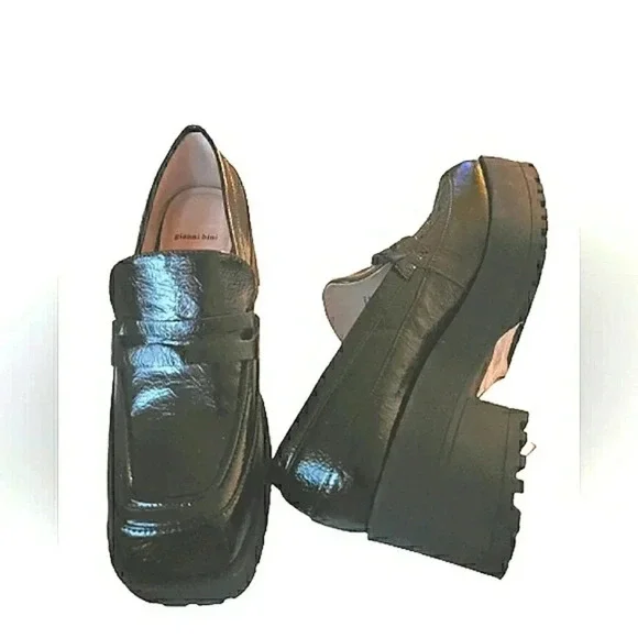 Academia 9 Preppy Black Patent Chunky Platform Lugsole Loafers - Picture 2 of 6